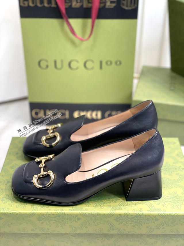 gucci女士羊皮鞋大舌頭款單鞋 古馳爆款網紅早春馬銜扣新款粗跟復古鞋 dx2889